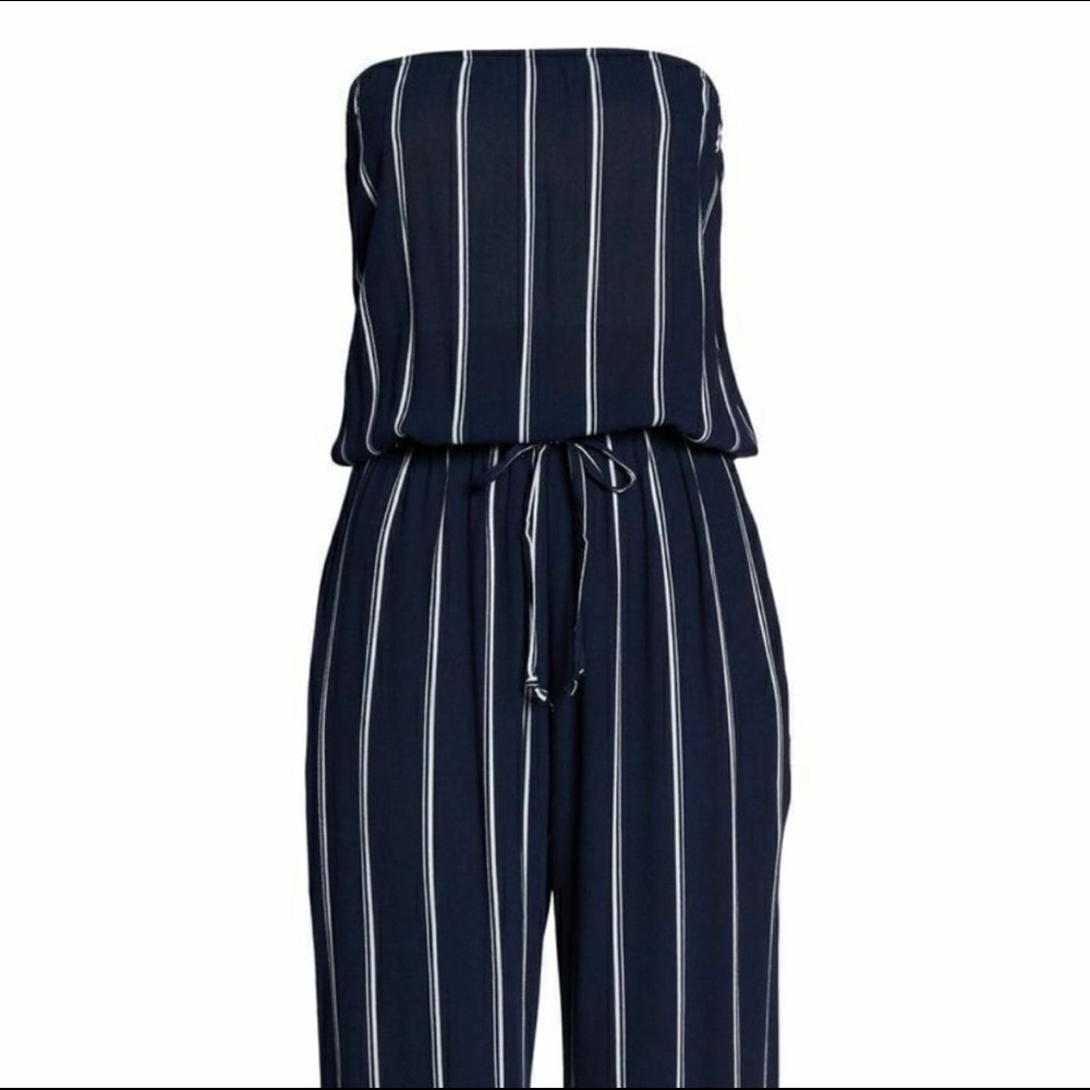 ELAN Navy Stripe Strapless Wide Leg Jumpsuit